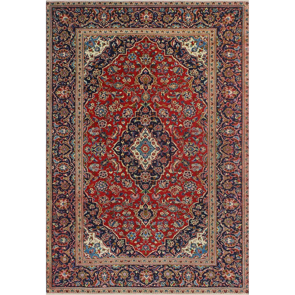 Fine Vintage Distressed Akmaral Red/Navy Rug - 6'4" x 9'6"