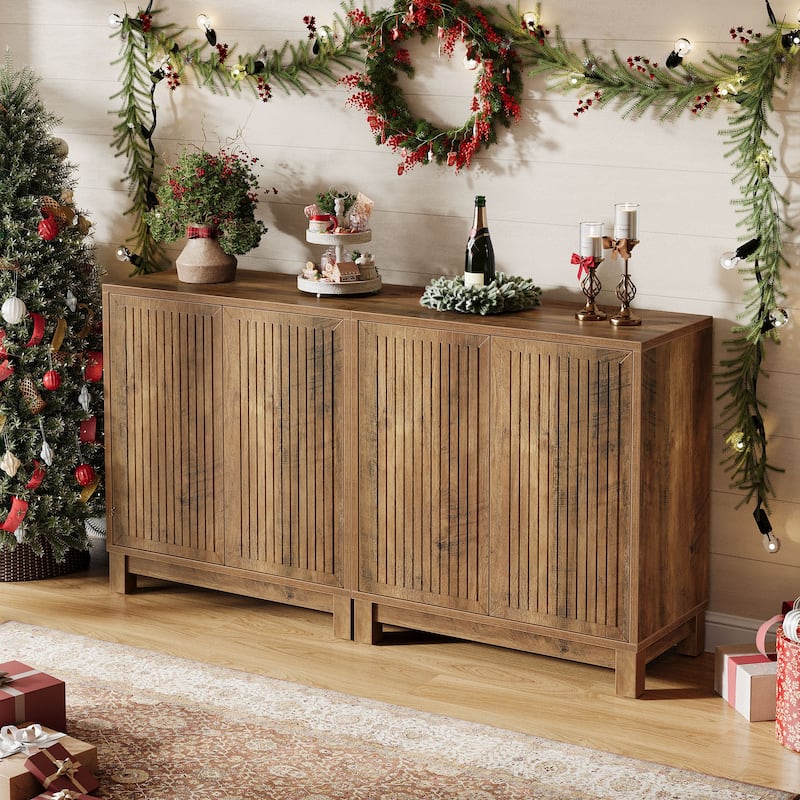 Wood Sideboard Buffet Cabinet, Adjustable Shelves, Living Room Dining Room Hallway Coffee Bar Media TV Console Storage Cabinet - Brown