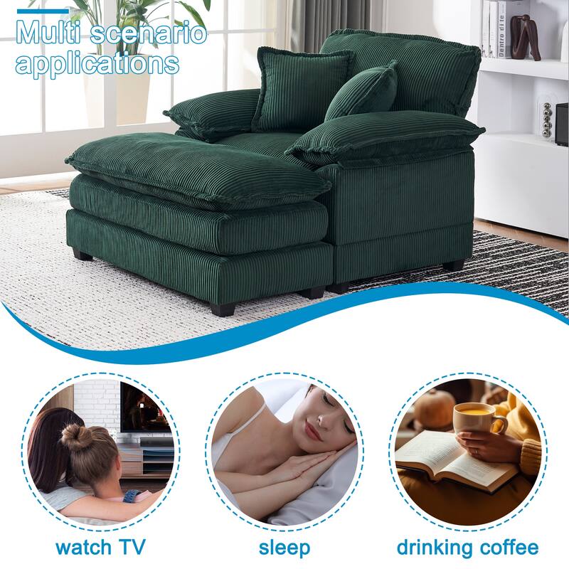 Deep Seat Accent Chair & Ottoman Set of 2, Reclining Sofa Chair, Corduroy Upholstered Chaise Lounge Couch with 2 Toss Pillows