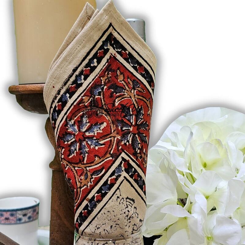 Block Print Veggie Dye Peacock Paradise Paisley Tablecloth Collection - Set of 4 Napkins