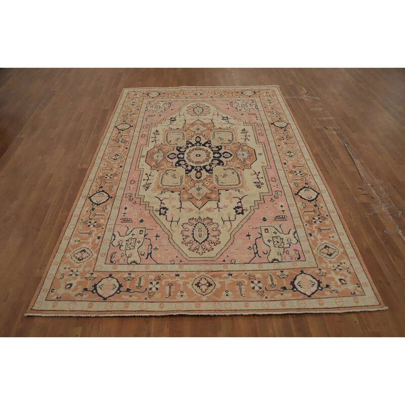 Hand Knotted Oriental 100% Wool Carpet Traditional Medallion Beige & Ivories Heriz (serapi) Area Rug - 9' 0'' X 5' 10''