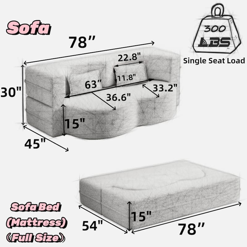 78" Convertible Folding Sofa Bed, Sleeper Sofa with Pillow, Modern Teddy Fabric Floor Loveseat Couch, Foam Mattress Sleeper