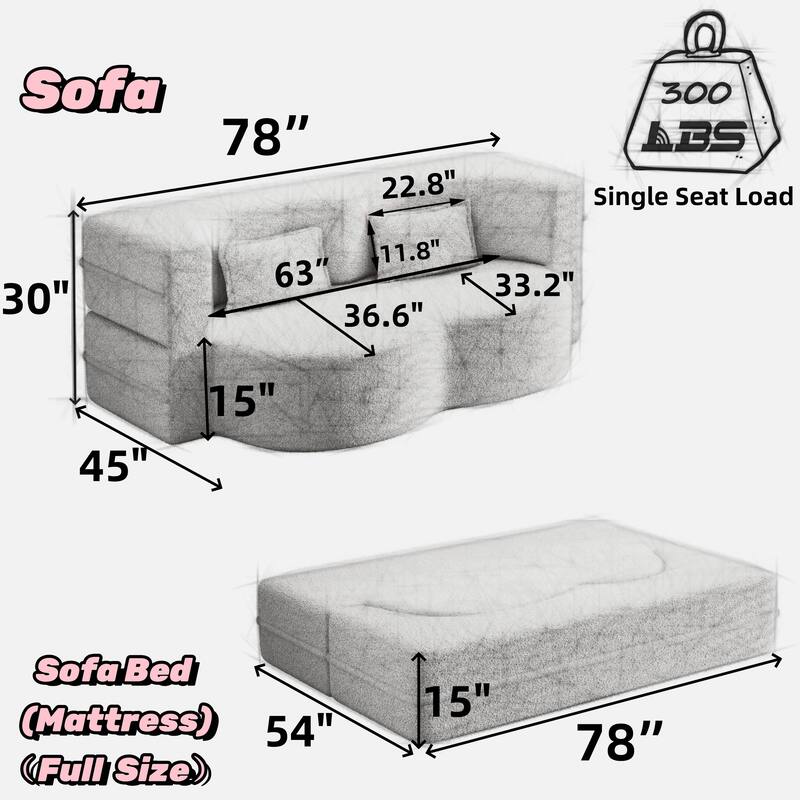 Full-Size Folding Sofa Bed with 2 Pillows, Convertible 3-Tier Floor Couch Sleeper Sofa, Loveseat Chaise Lounge Daybed