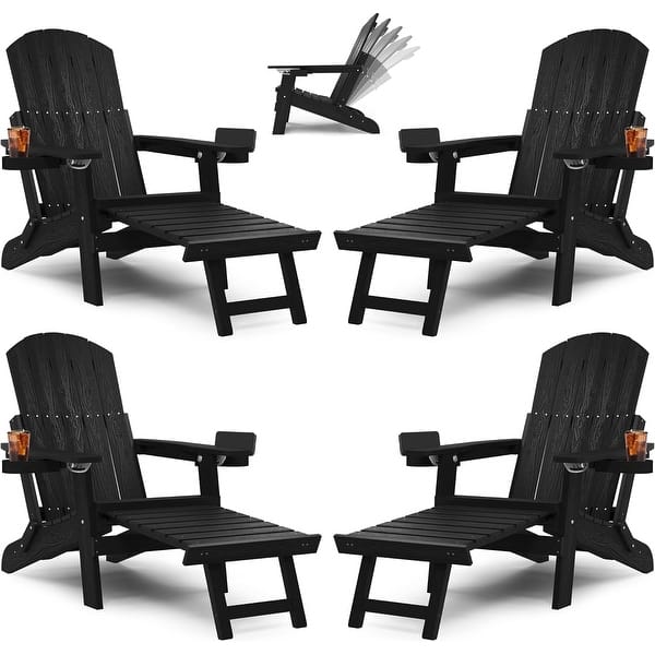 slide 2 of 80, WINSOON All Weather HIPS Folding Adirondack Chair with Ottoman, 5-Gear Adjustable Backrest and Retractable Ottoman Set of 4 Black x4