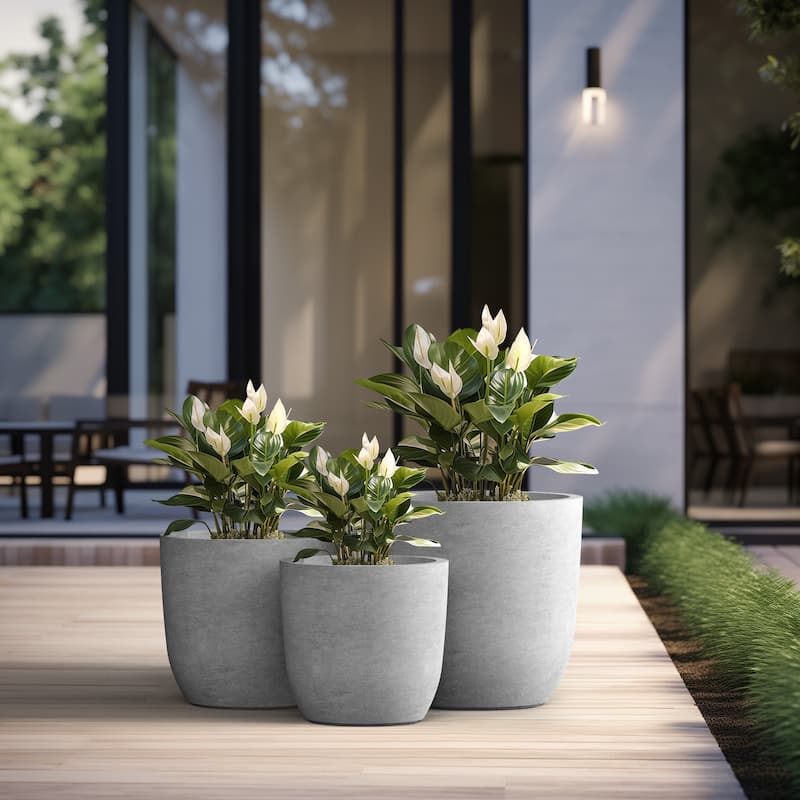 Tall Concrete Round Plant Pots / Large Indoor and Outdoor flower Planters - 3 Piece Set (13.5, 17, 20.5 Inch Diameter) - Stone Finish