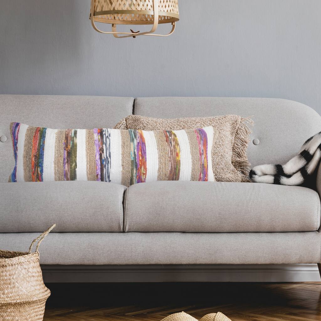 Sevita White and Multicolored Chindi with Natural Jute Striped Throw Pillow