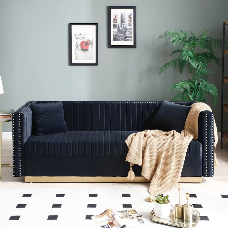 78" Velvet 3-Seater Sofa with Vertical Channel Tufting, Gold Base, Nailhead Trim, and 2 Pillows - Black