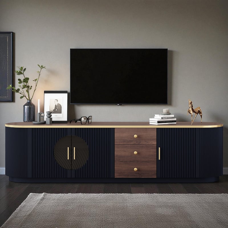 70.8'' Modern TV Stand for TVs up to 80'', Entertainment Center with 3 Drawers, 2 Cabinets & Glass Doors for Living Room - Black