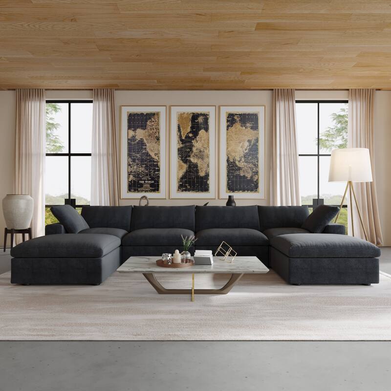 U Shape Couches for Living Room, 6-Seats Modular Convertible Sectional Sofa Couch - Black