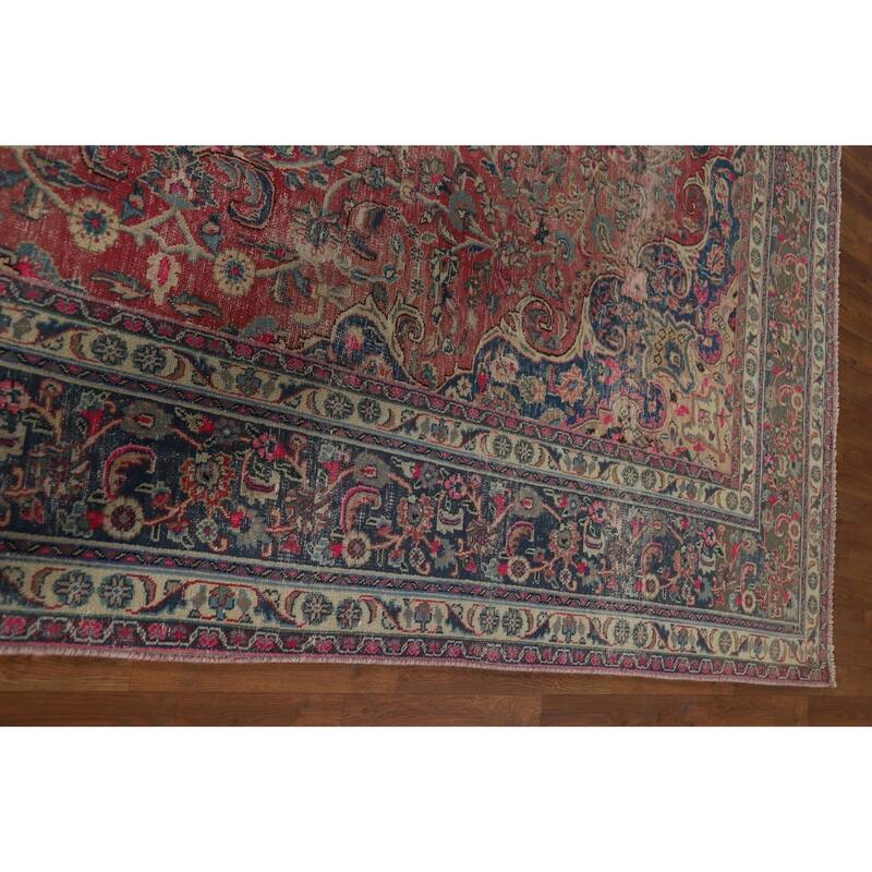 Distressed Mashad Persian Antique Area Rug Hand-Knotted Wool Carpet - 9'5" x 12'5"