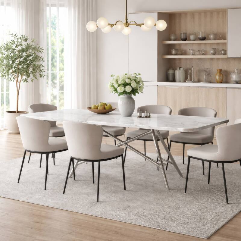 Levi 80 Inch Rectangular Carrara Marble Dining Table, Steel Legs, Chrome