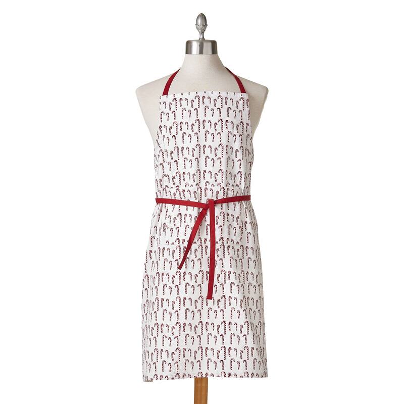 Candy Cane Print Classic Bib Cotton Apron, Adjustable Slide Through Ties, 2 Pockets, One Size Fits Most, Machine Wash, White