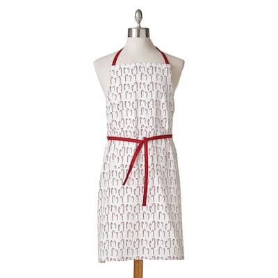 Candy Cane Print Classic Bib Cotton Apron, Adjustable Slide Through Ties, 2 Pockets, One Size Fits Most, Machine Wash, White