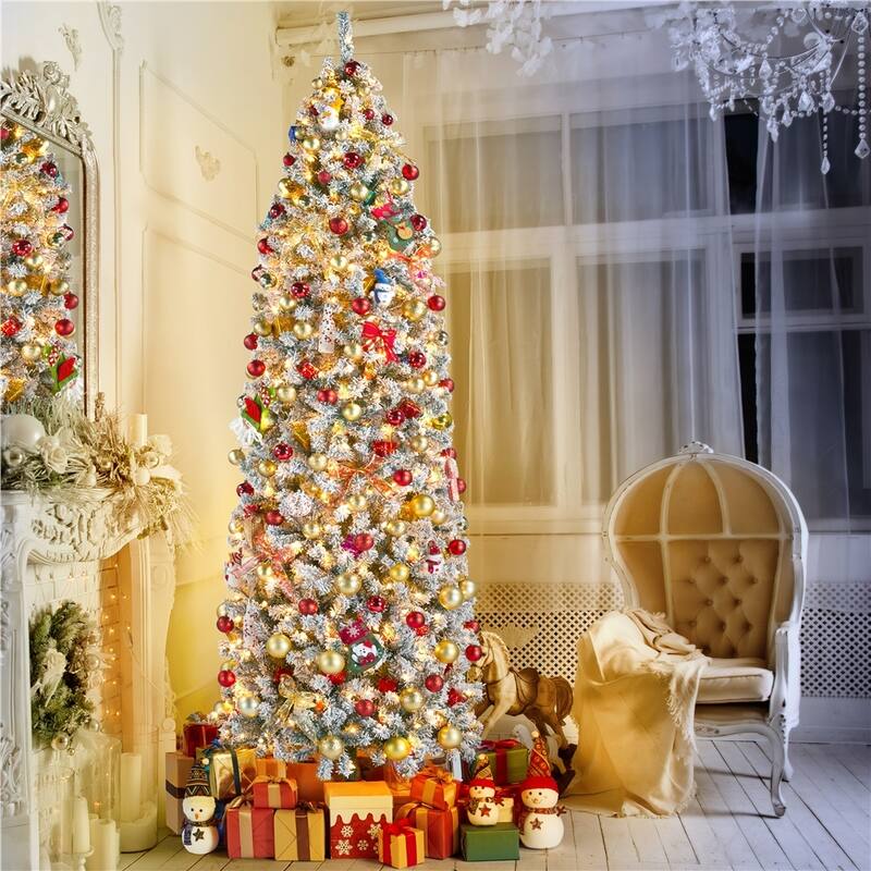 Yaheetech Prelit Snow Flocked Pencil Christmas Tree Fir Hinged Tree