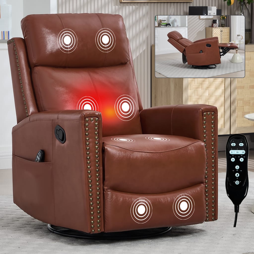 Roomfitters Genuine Leather Swivel Rocker Recliner, Manual Massage Glider with Heat and Top Grain Cowhide, Living Room