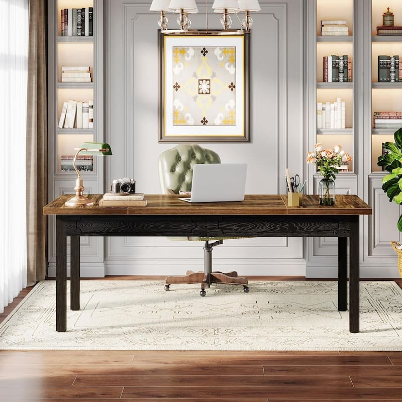 63" Executive Office Desk - Rustic Computer Table with Thick Wood Top, Large Writing Desk with Metal Frame & Back Splash