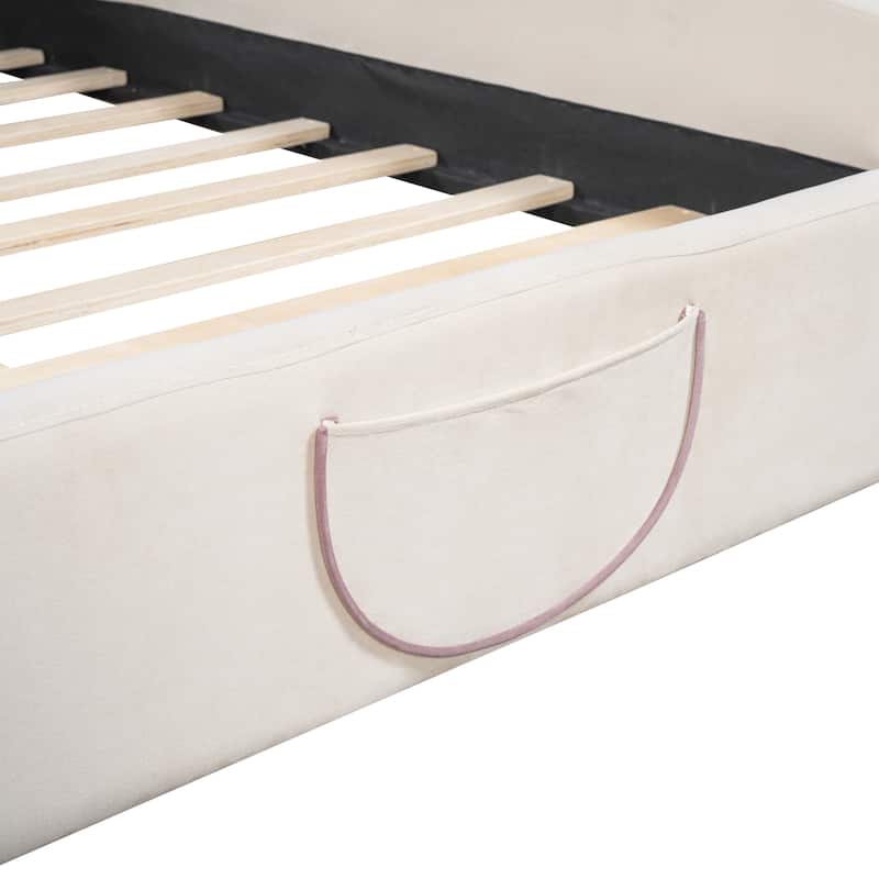 Queen Size Velvet Platform Bed with Bear Headboard and Storage Pocket