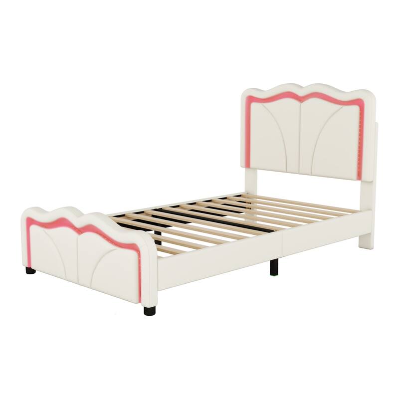 Twin Size Upholstered Platform Bed with Adjustable Headboard and LED Lights, White