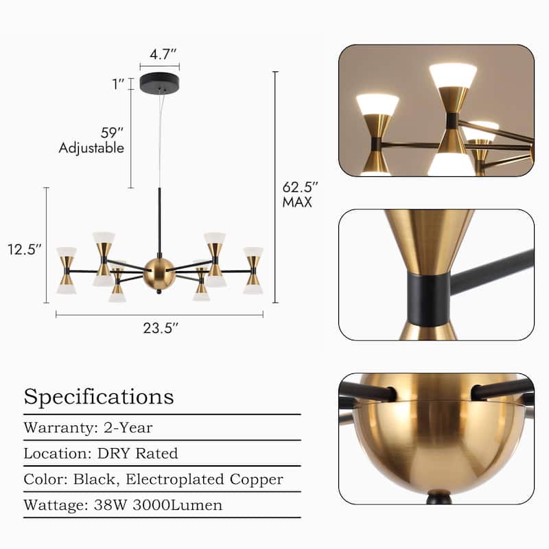 Modern Contemporary 12-Light Black Gold LED Chandelier Metal Wheel Pendant Lights for Dining Room - 23.5" D x 12.5" H