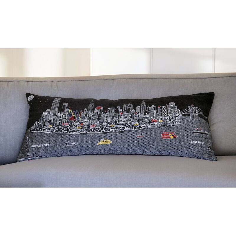 HomeRoots 35" Black NYC Nighttime Skyline Lumbar Decorative Pillow - Bed Rest - Polyester