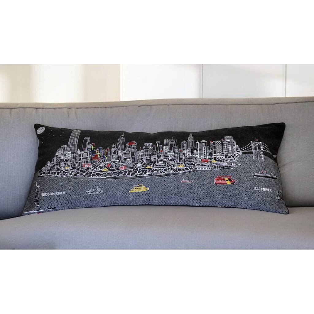 HomeRoots 35" Black NYC Nighttime Skyline Lumbar Decorative Pillow