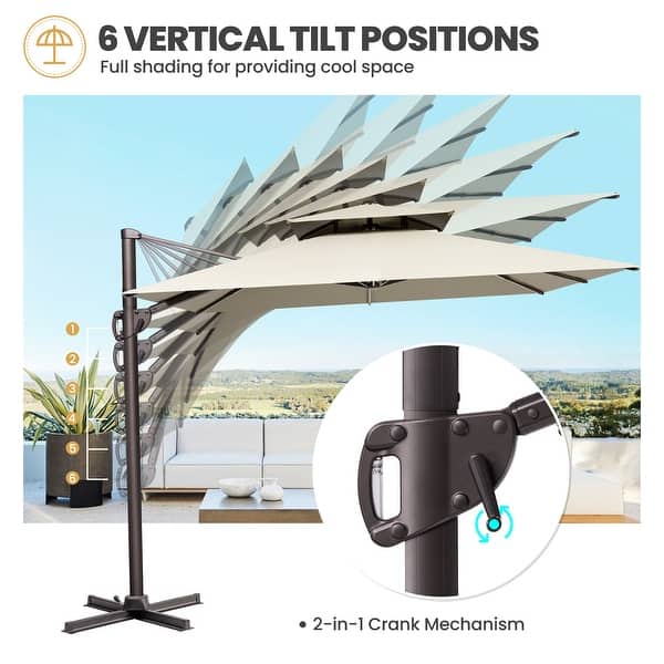 9x9 square outdoor patio hanging offset aluminum umbrella tilt 200g Mojia Cantilever with Cross Base and Cover Included Elevate your outdoor living space with the ultimate shade solution Outsunny 8' x 9' Square