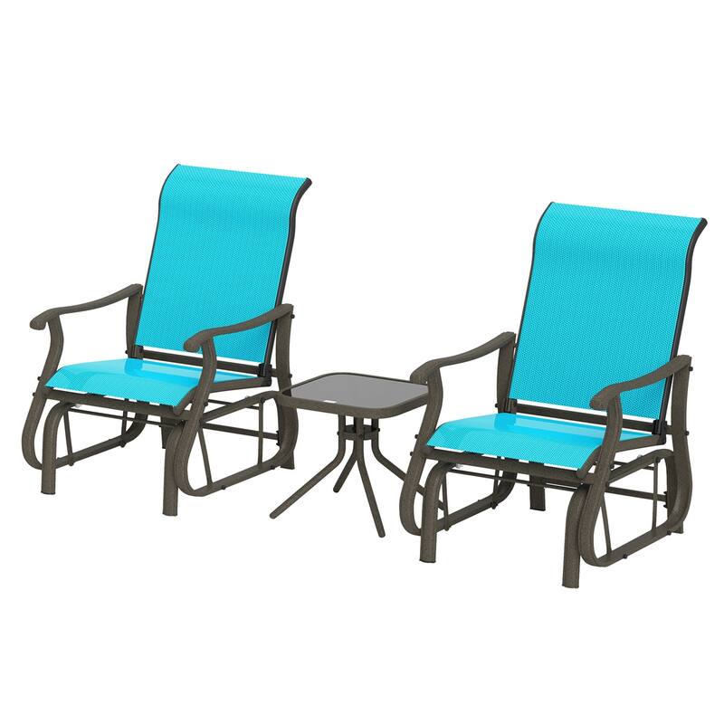 Three Piece Outdoor Gliding Patio Set with Two Chairs and Square Tea Table Powder Coated Steel and Mesh Fabric - Blue