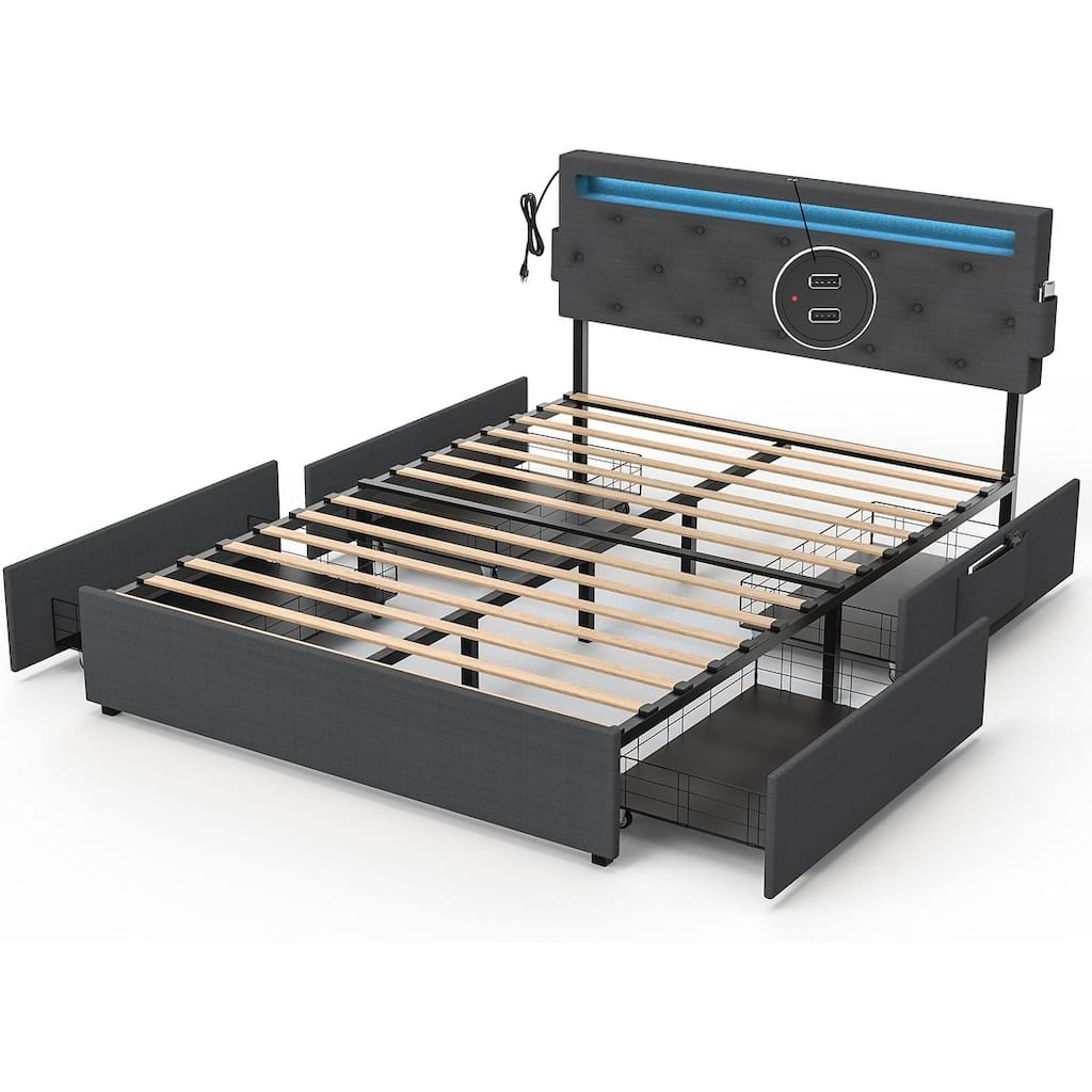 Bed Frame With Usb Charging Station & Led Lights