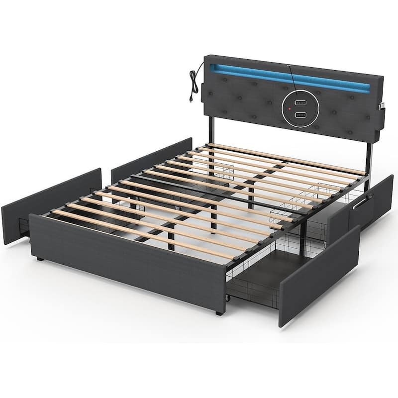 Queen Bed Frame with USB Charging Station & LED Lights, Queen Bed Frame with Headboard & 4 Storage Drawers - Grey
