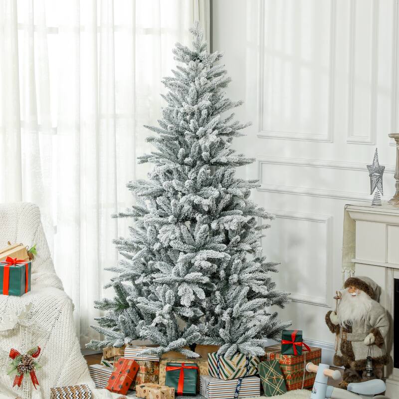 HOMCOM Flocked Artificial Christmas Tree - Hinged Branches, Foldable Metal Stand, Green