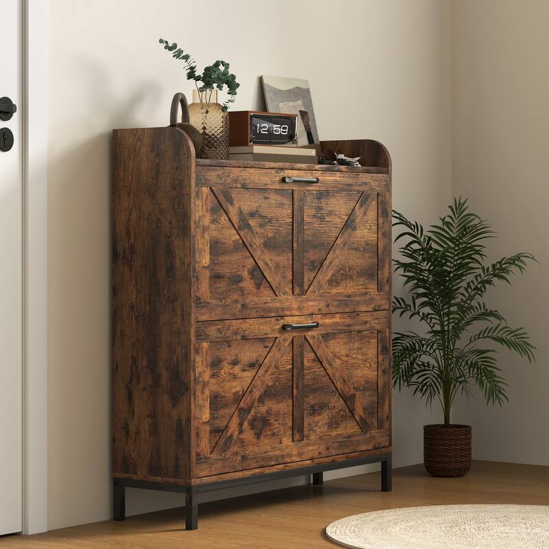 12-Pair Space-Saving Shoe Storage Cabinet with Adjustable Dividers and Flip Drawers Anti-Tip - 29.5" W x 9.4" D x 37" H