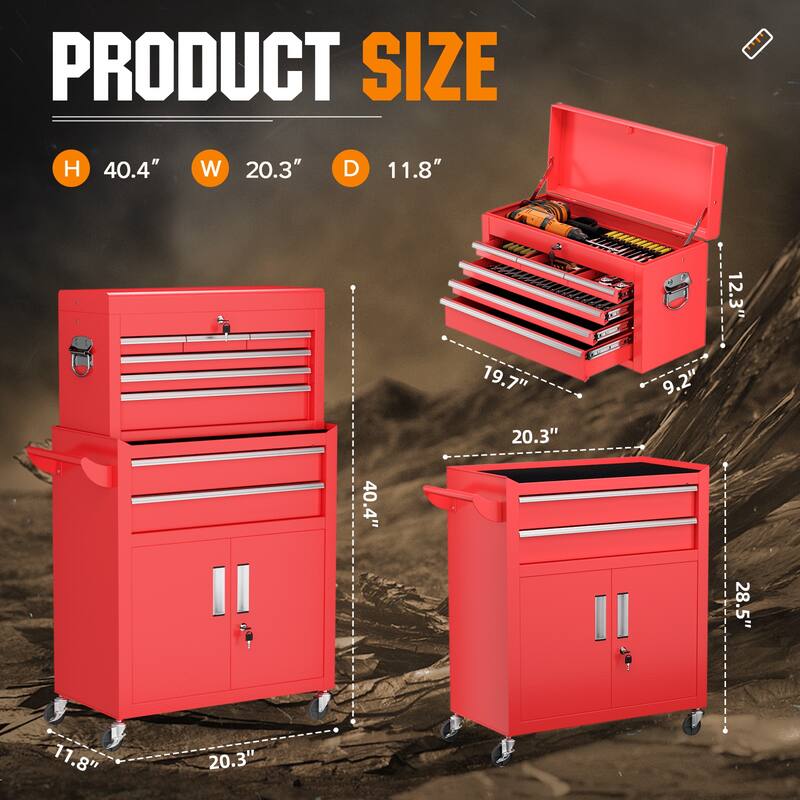 8-Drawer 2 in 1 Rolling Tool Chest Cabinet Garage Storage Toolbox with Detachable Top Tool Box and Universal Lockable Wheels