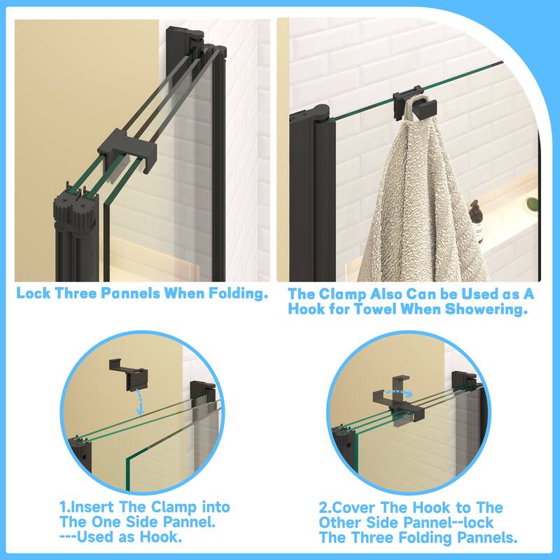 Foldable Hinged Pivot Tub Door in Matte Black with Clear Tempered Glass