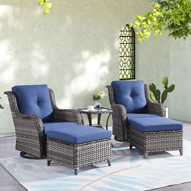 Gymojoy 5-Piece Outdoor Wicker Patio Furniture Chair Set, Rattan Coversation Set with Water Resistant Thick Cushions - Grey Wicker / Blue Cusion - 5-Piece