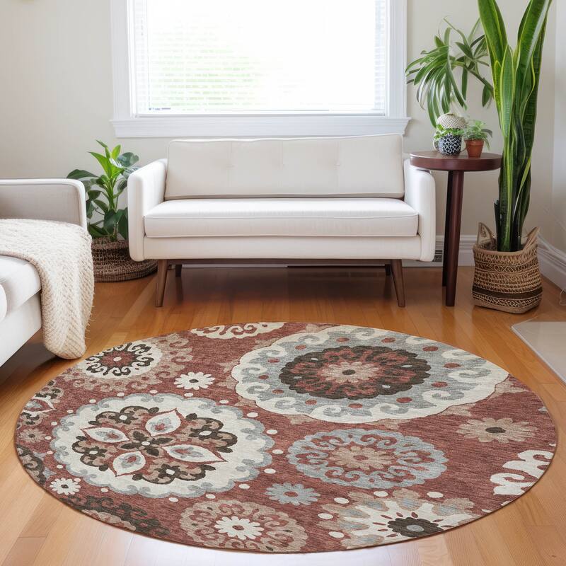 Premium Washable Super Soft Boho Suzani Mayfield Rug - Paprika - 8' x 8' - Round