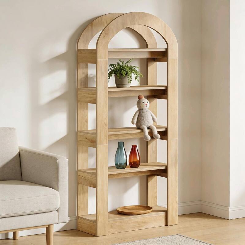 Modern Arched Bookshelf with 5 Shelves, Teak Finish MDF Storage Bookcase for Living Room or Office