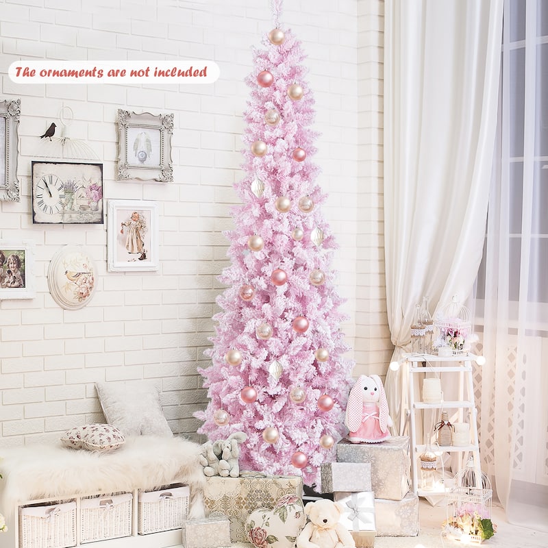 Gymax 7FT Pre-Lit Flocked Christmas Pencil Snow Tree Holiday Decor