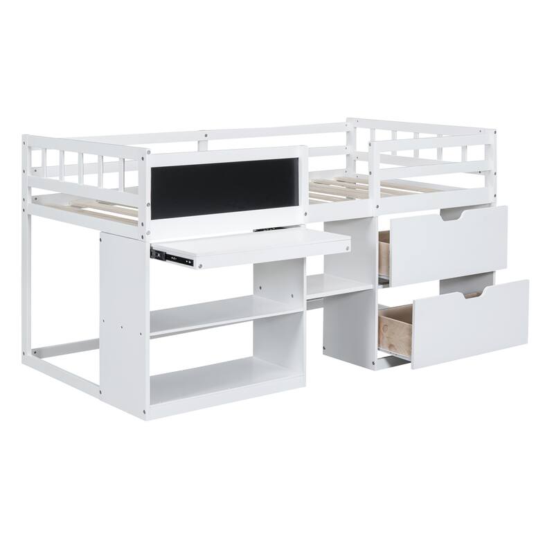 Low Loft Bed Twin with Storage Drawers, Rolling Desk, and Bookshelf