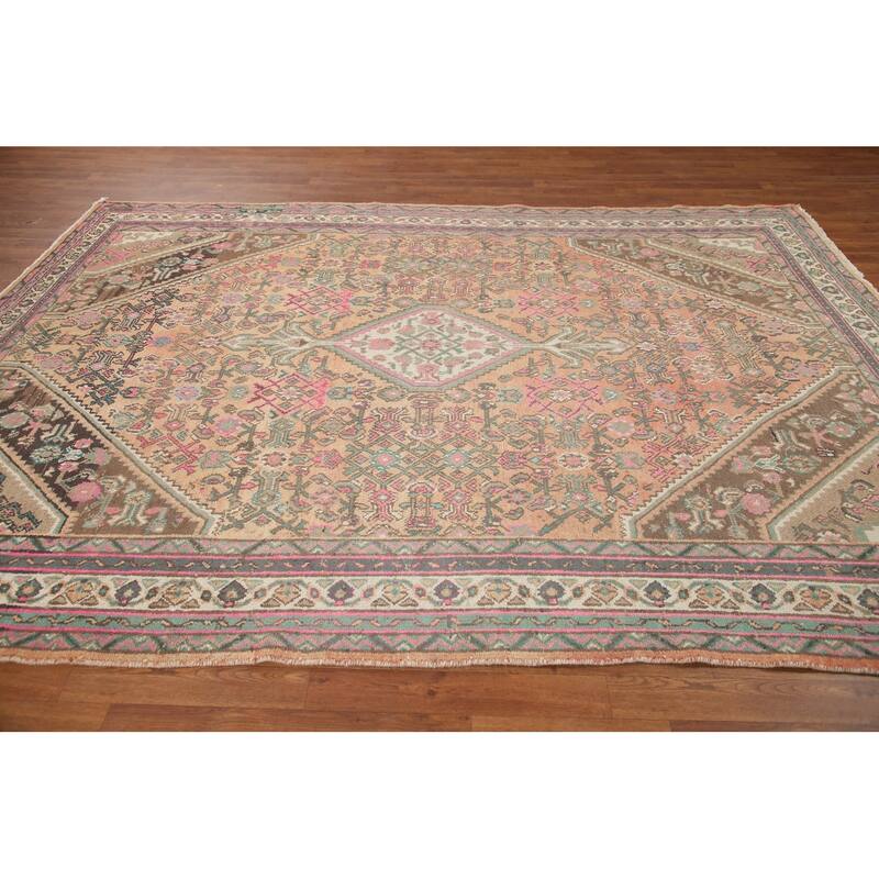 Hand Knotted Oriental 100% Wool Carpet Traditional Medallion Coral Hamedan Area Rug - 9' 8'' X 6' 11''