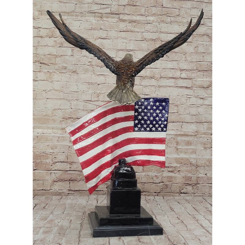 Bald Eagle W/ American Flag - Patriotic Bronze Metal Sculpture Statue Decor On Marble Base