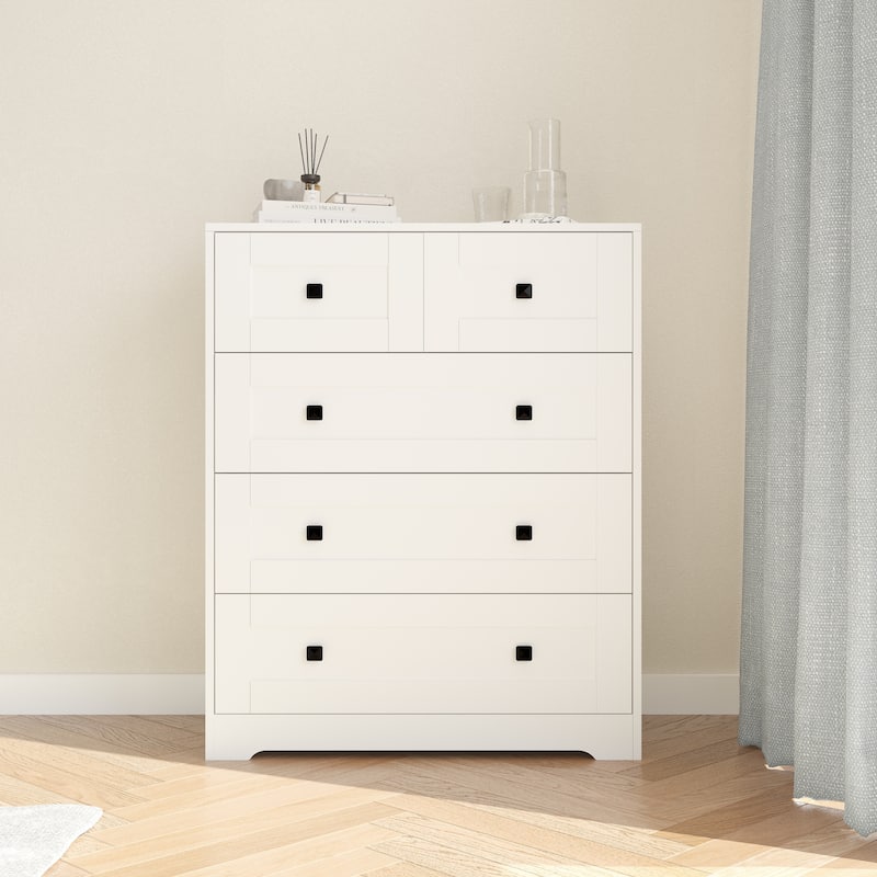 Farmhouse Style Dressing Table, Minimalist Style 5-Drawer Cabinet, for Bedrooms, Living Rooms Home Offices - White