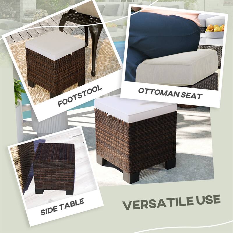 Set of 2 Outdoor Ottomans Wicker with Cushions Steel Frame for Patio Balcony Yard - 15.7" W x 15.7" D x 18.1" H