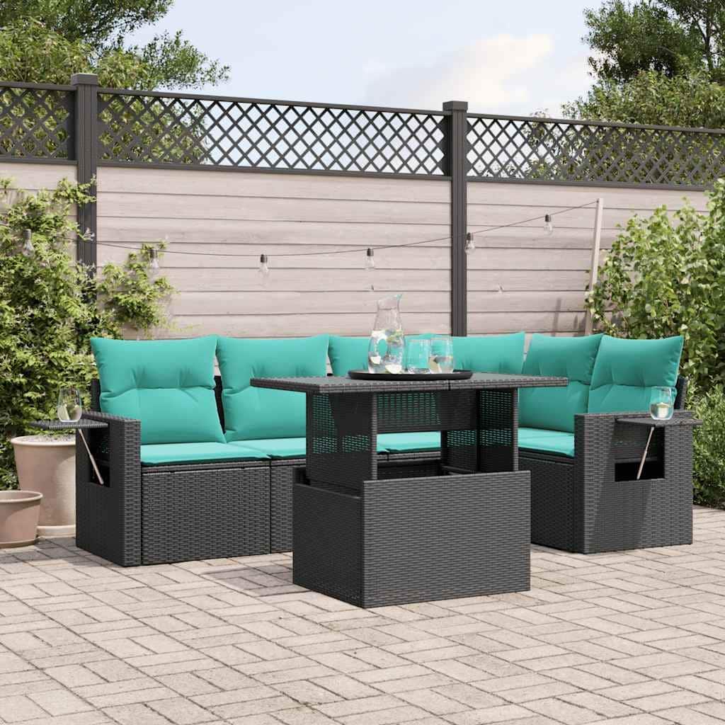 vidaXL 6 Piece Patio Sofa Set with Cushions Black/Brown/Gray Poly Rattan