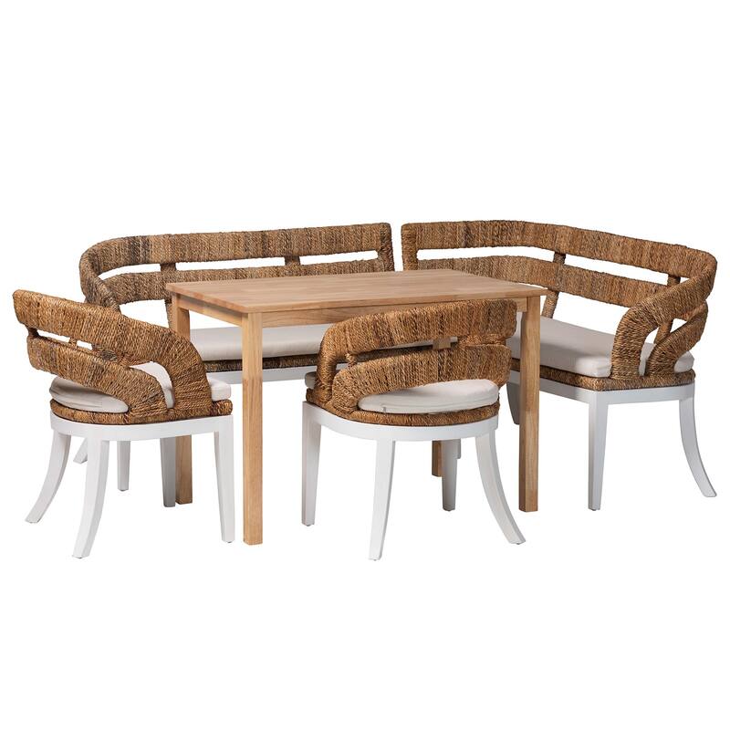 Ubud Seagrass Dining Nook Set with Wood Table - Coastal Farmhouse Breakfast Furniture Set - 5-Piece