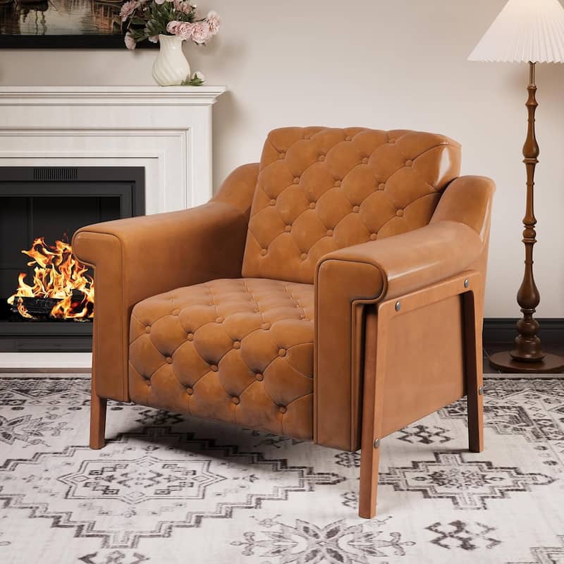 Cozy Accent Chair,PU Leather Modern Living Room Chairs,Mid-Century Office Reading Chair,Single Sofa,Armchair - Brown