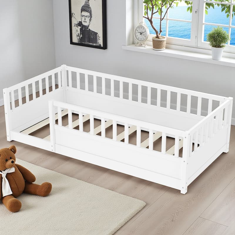 Montessori Wooden Floor Bed with High Safety Fence and Door, Pine Kids Floor Bed Frame for Boys and Girls