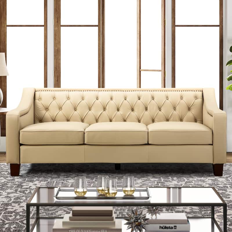 Mateo 82.28" Wide Transitional Genuine Leather Sofa with Nailhead Trim and Button-Tufted Back