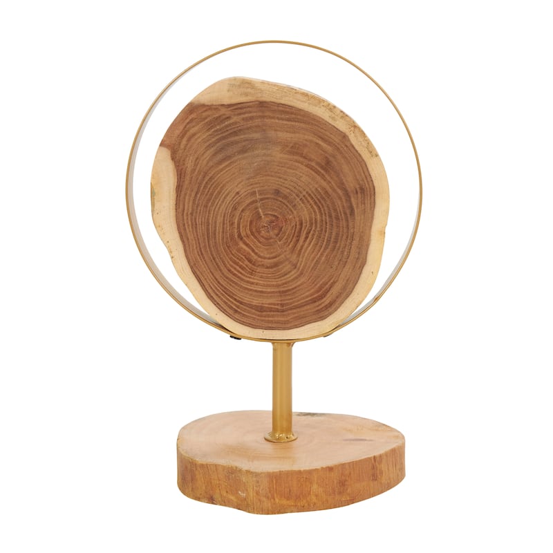 Brown Wood Handmade Live Edge Slab Abstract Decorative Sculpture with Gold Metal Rings (Set of 2)