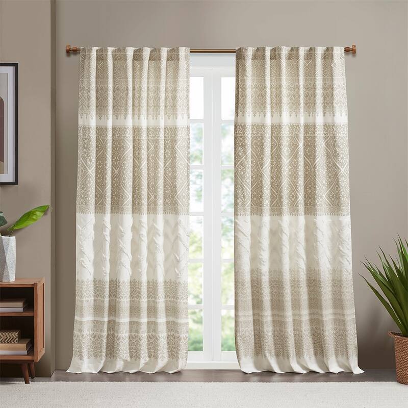 Cotton Printed Curtain Panel with Chenille detail and Lining - taupe