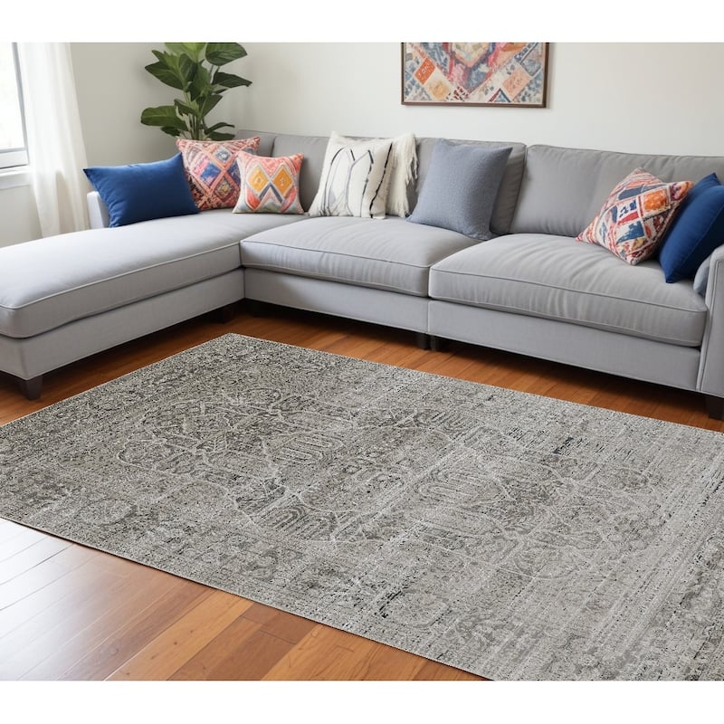 Woqec Power Loomed Distressed Floral Traditional Durable Area Rug By HomeRoots - 8' X 11' - 8' X 11' - Gray and Ivory - Rectangle